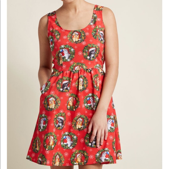 Retrolicious | Dresses | Nwot Modcloth Retrolicious Cat Holiday Christmas  Dress Size Medium | Poshmark